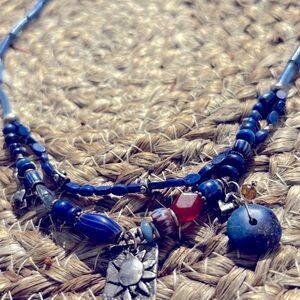 Jes Maharey Blue Lapis and Beads Necklace with a Radiant Silver Sun Pendant